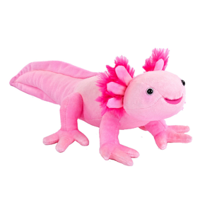 A pink plush toy axolotl with bright magenta gills and tail details, featuring a smiling face and small black eyes, set against a plain white background.