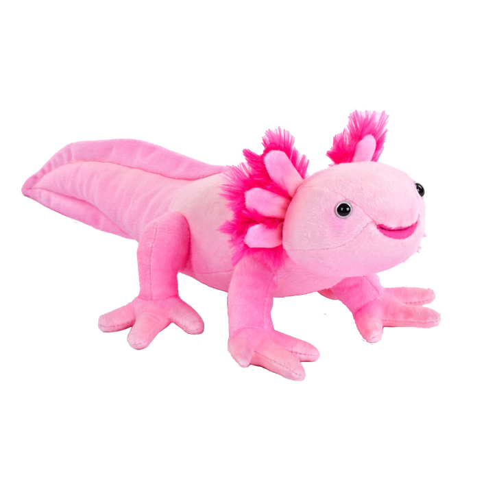 A pink plush toy axolotl with bright magenta gills and tail details, featuring a smiling face and small black eyes, set against a plain white background.