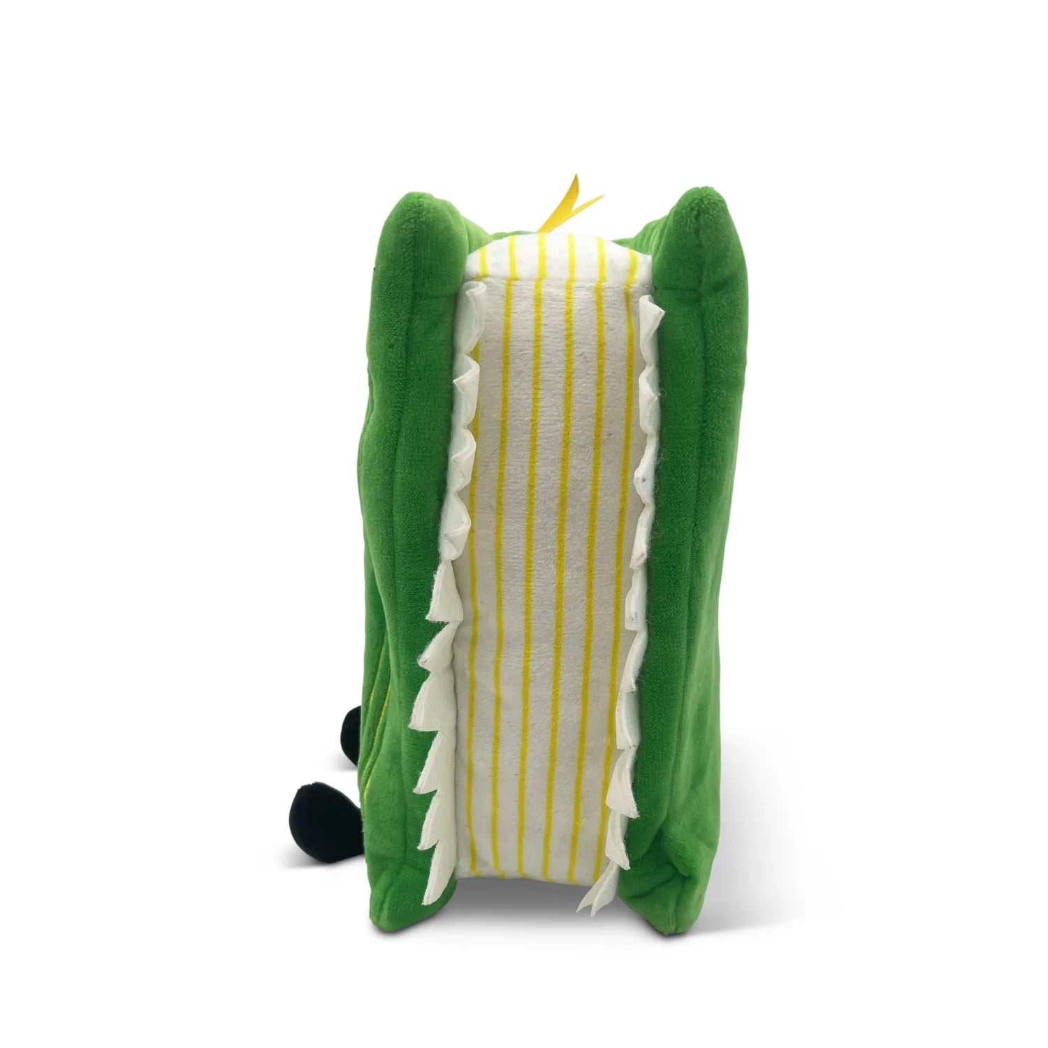 Plush toy with green shell and yellow and white striped body on a white background