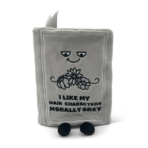 Gray plush toy with a face and text on a white background