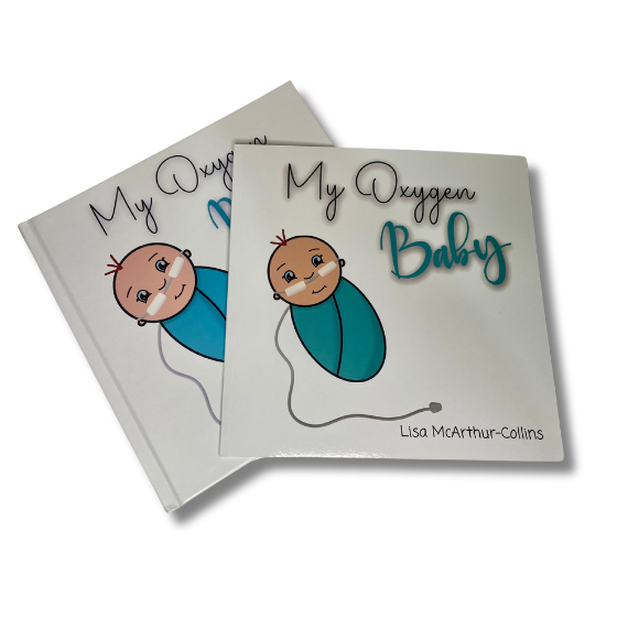 Front cover of a keepsake book for parents called My Oxygen Baby in paperback and hardcover. By Little Wings Publishing