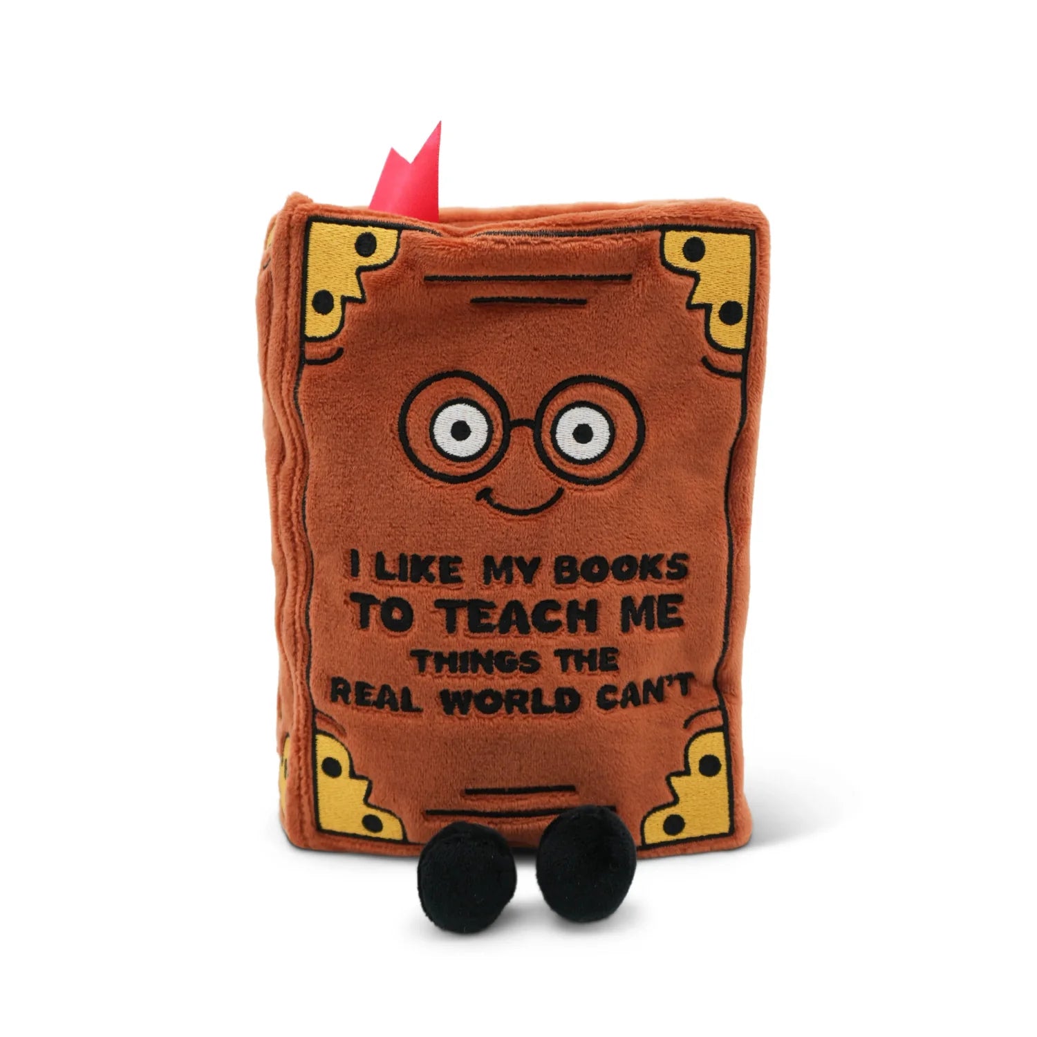 Plush book-shaped toy with wheels and a quote on a white background