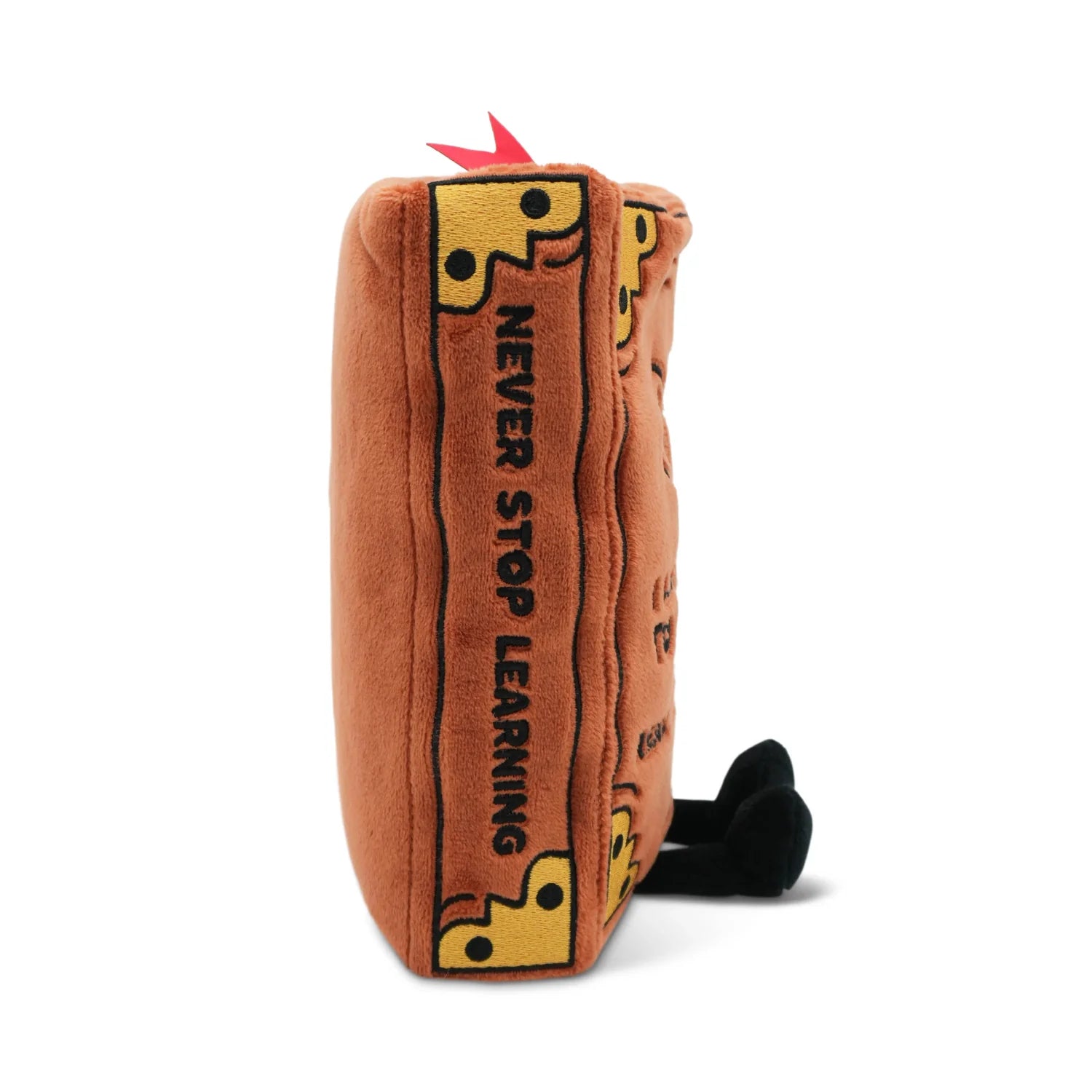 Plush toy with a brown background and text 'Never Stop Learning' on a white background
