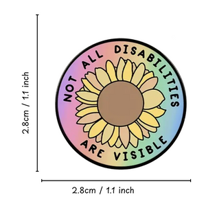 Round sticker with sunflower design and text 'Not all disabilities are visible' with dimensions shown.