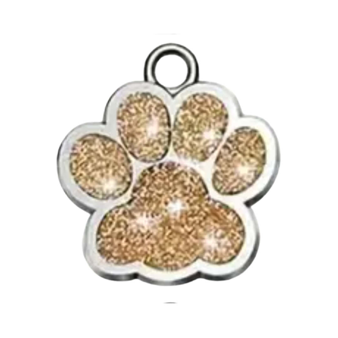 Paw print charm with gold glitter on a white background