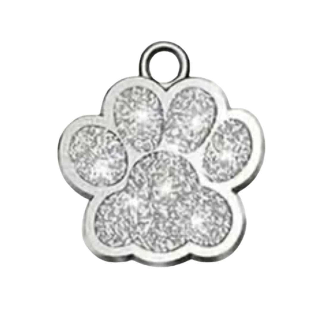 Silver paw print charm on a white background