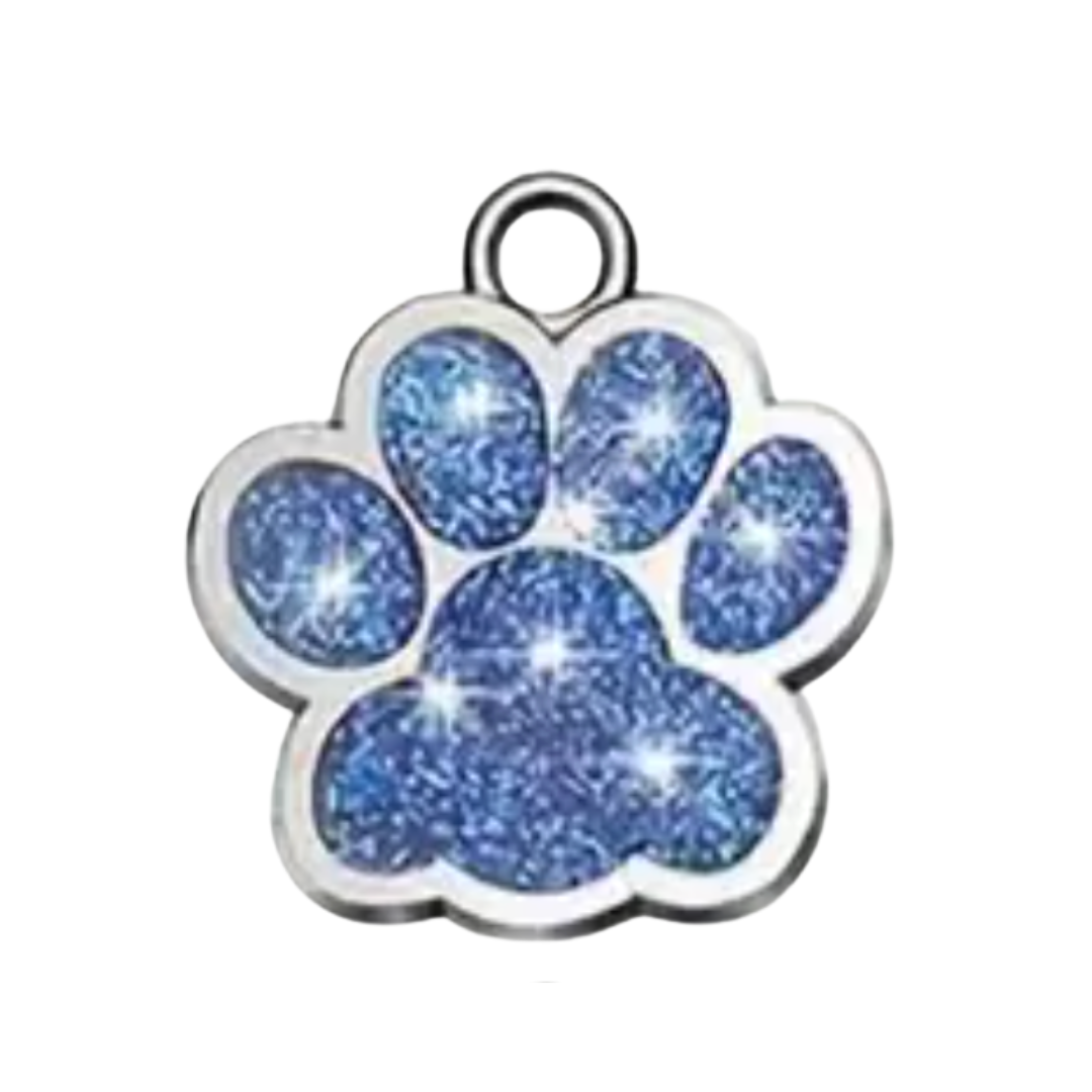 Blue glittery paw print charm on a white background