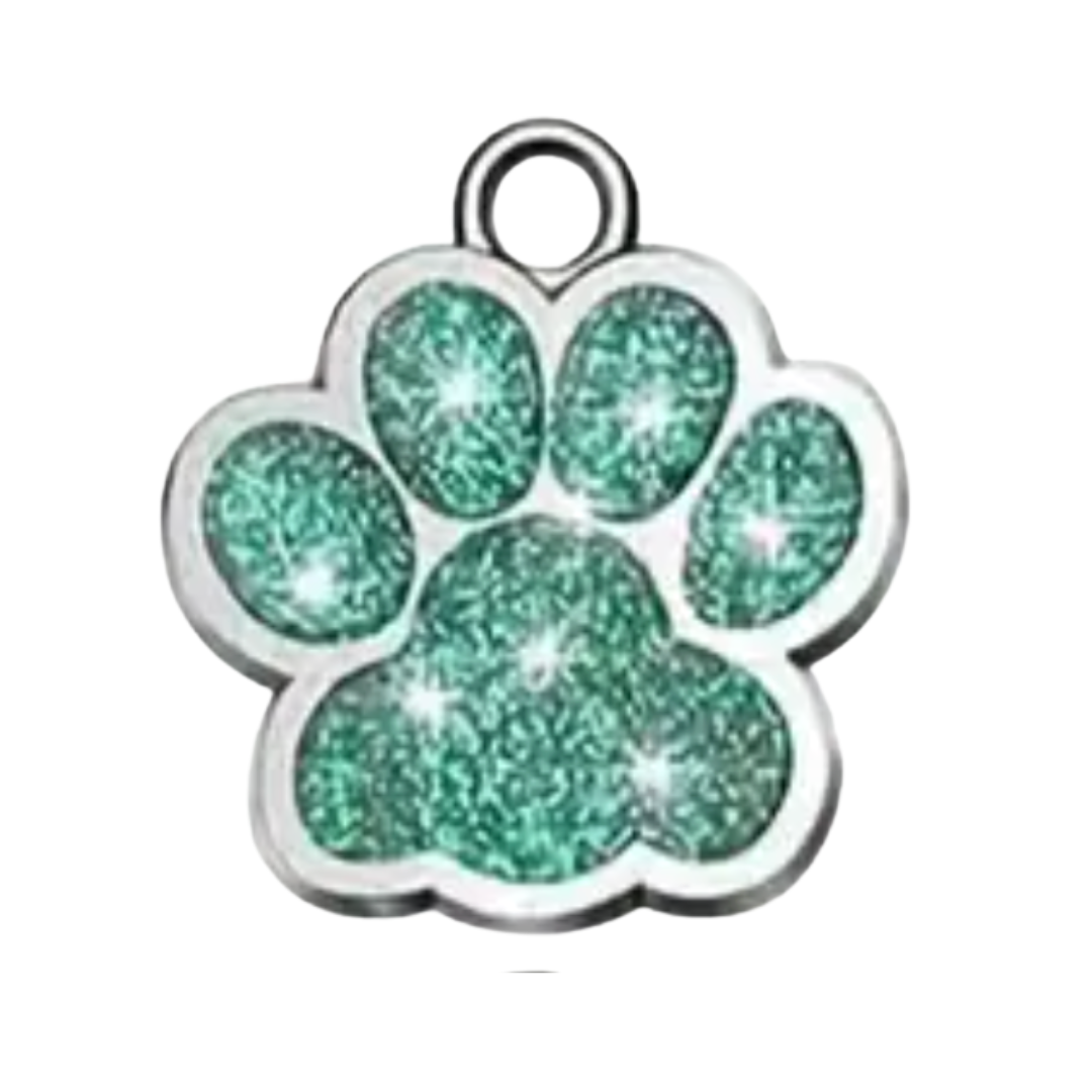 Paw print charm with green glittery center and silver border on a white background