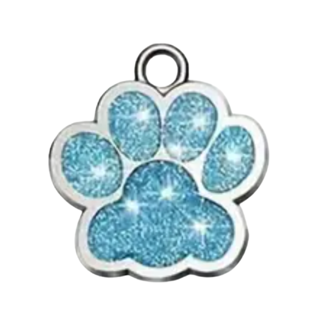 Blue glittery paw print charm on a white background