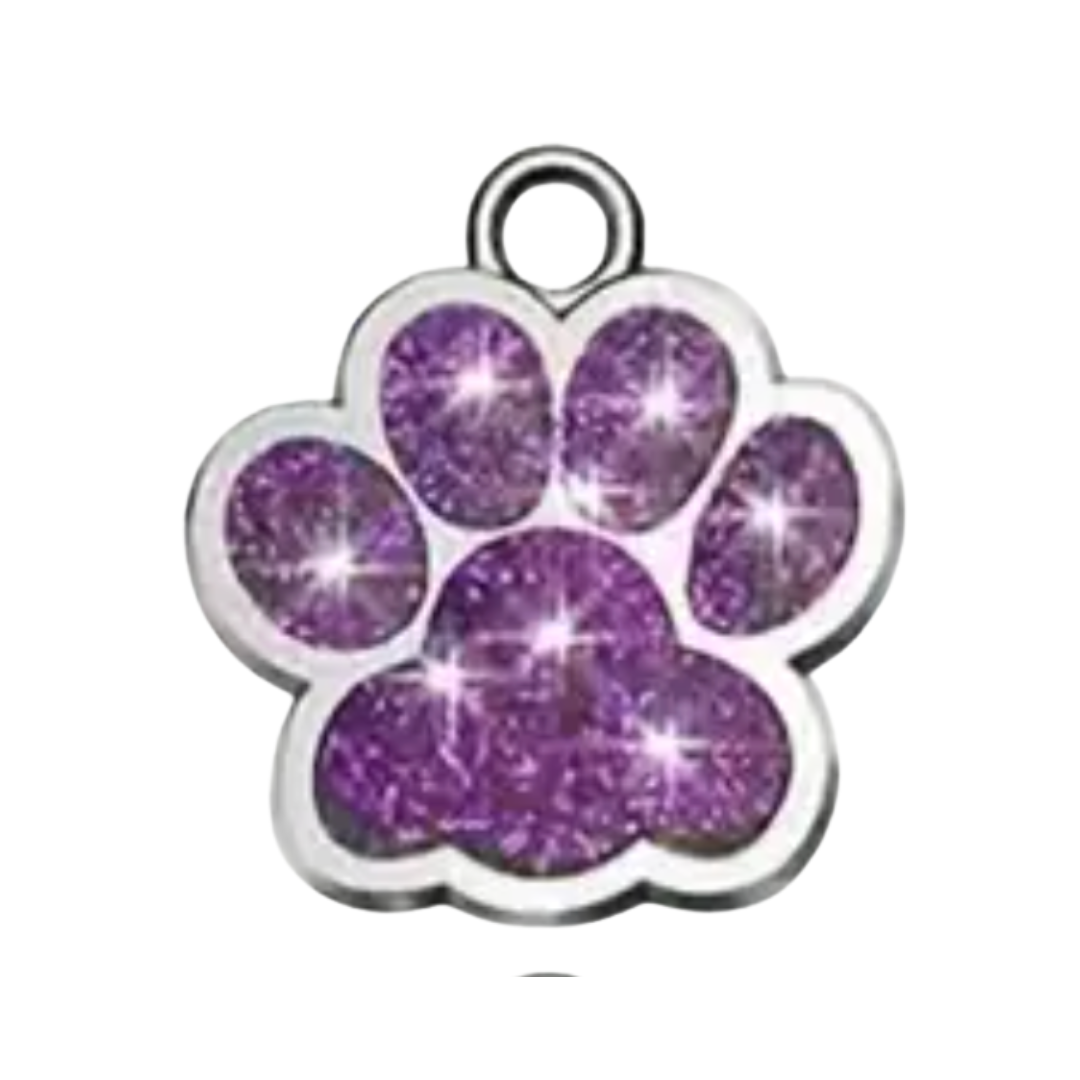 Purple glittery paw print charm on a white background
