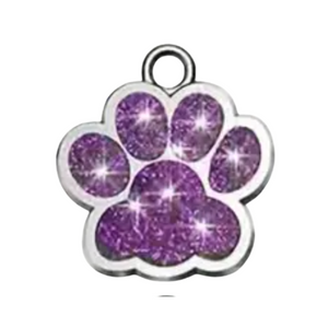 Purple glittery paw print charm on a white background