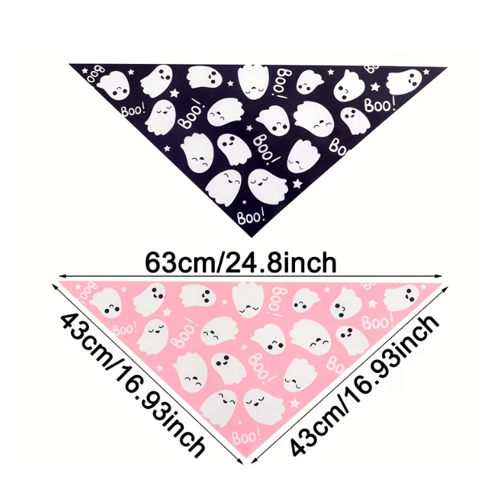 Two triangular pet bandanas with a repeating ghost pattern and the word 'Boo!' are shown on a white background, with dimension labels indicating 63 cm by 43 cm by 43 cm.