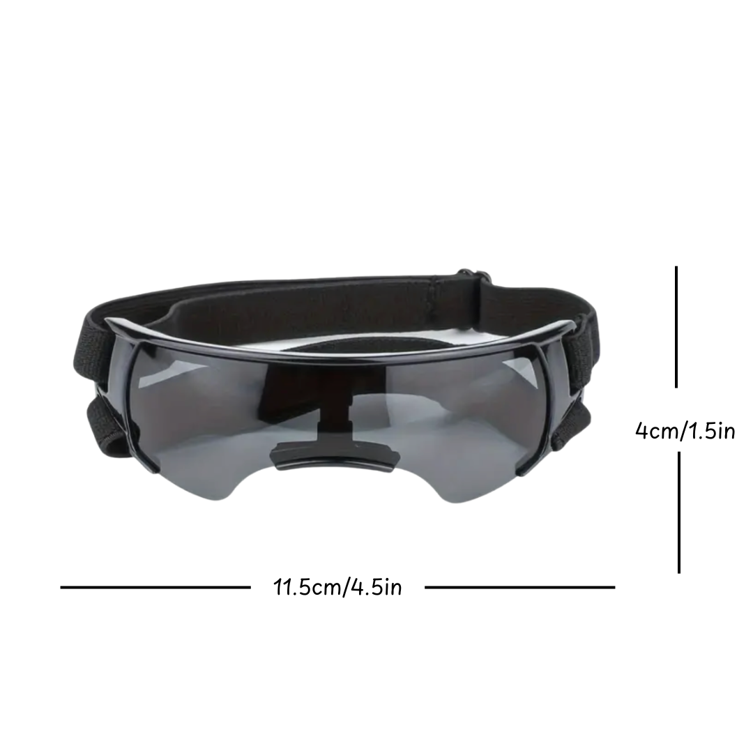 Black goggles with measurements on a white background