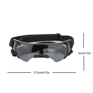 Black goggles with measurements on a white background