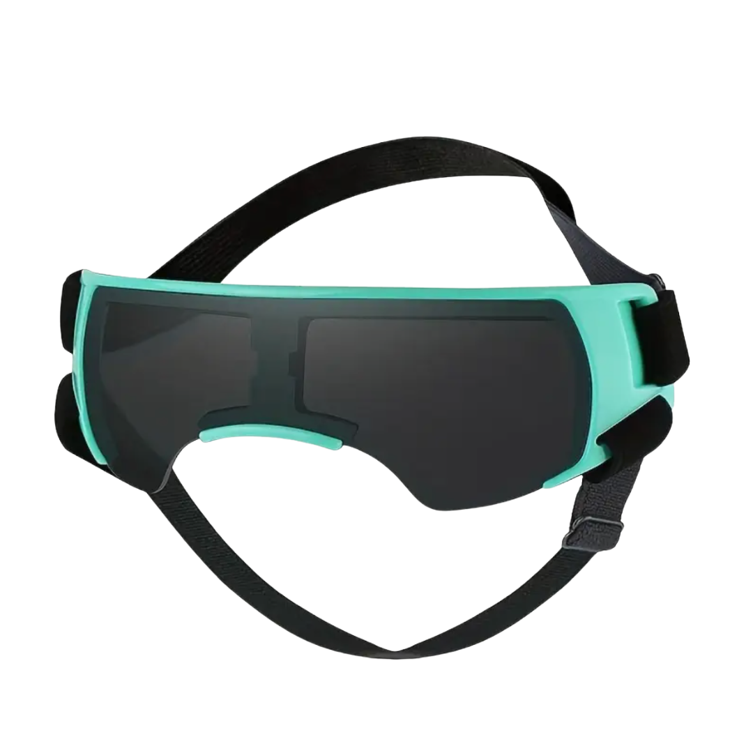 Teal and black goggles on a white background