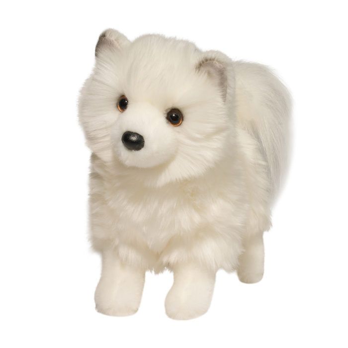 White plush dog toy on a white background