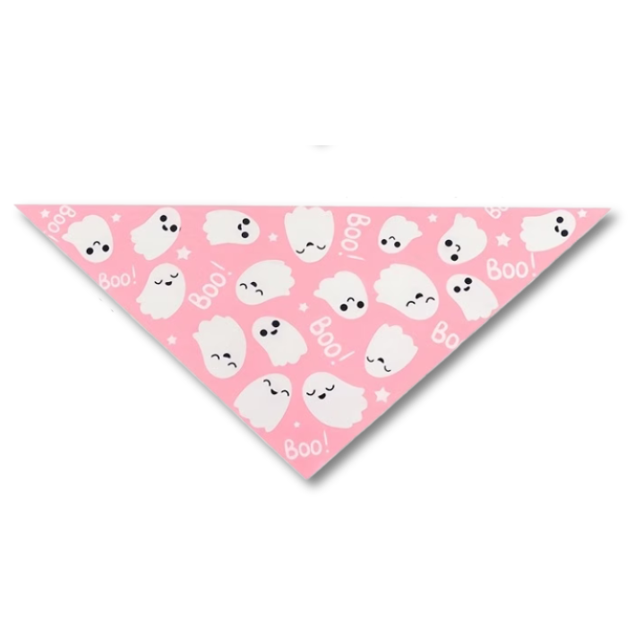 A pink triangular pet bandana featuring a repeating pattern of cute white cartoon ghosts with black eyes and the word 'Boo!' in white text.