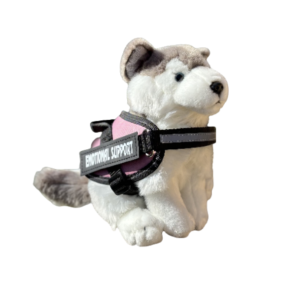 Husky Plush Dog - Emotional Support Stuffed Animal - ESSA - Living Nature - wearing a pink emotional suppor vest - essa gear