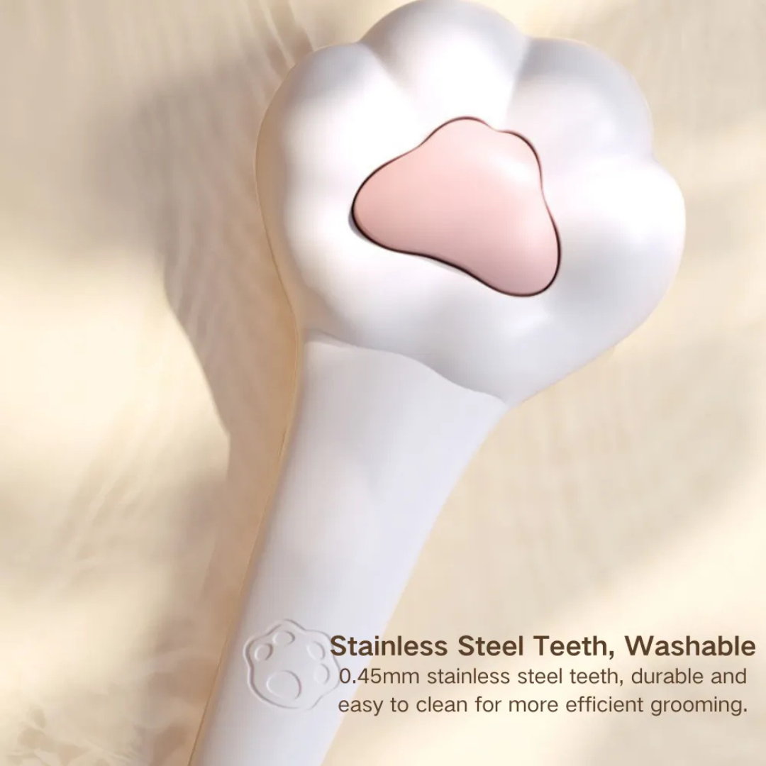 White and pink dental tool with text about stainless steel teeth and washability on a beige background