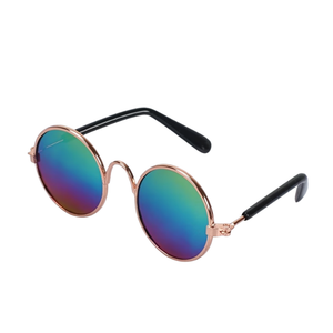 Sunglasses with multicolored lenses and rose gold frame on a white background