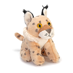 A plush toy of a spotted big cat, resembling a lynx or cougar cub, made of soft tan and beige fabric with black spots, yellow eyes, and black-tipped ears, set against a plain white background.