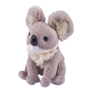 A plush koala toy with soft gray-brown fur, cream-colored inner ears and chest, and a black nose, photographed on a plain white background.