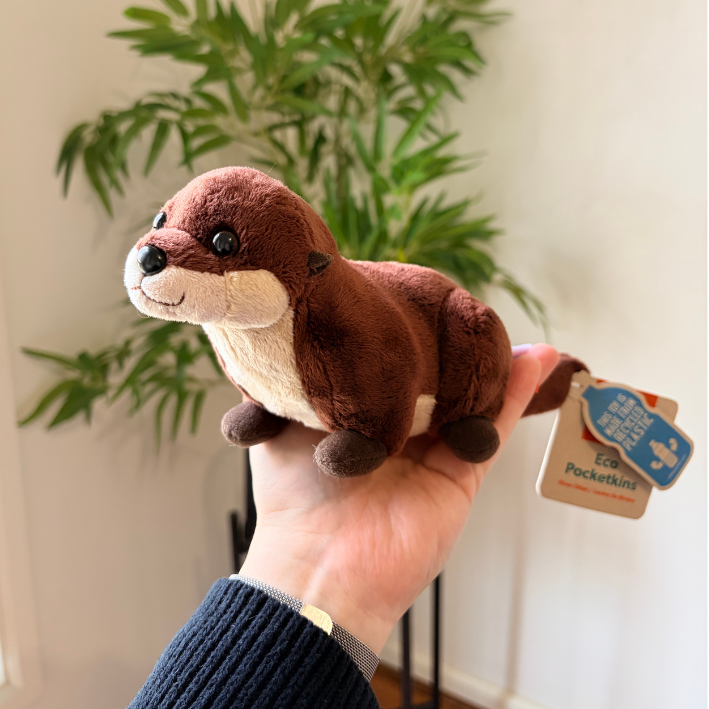 A brown and cream plush otter toy held in a person's hand, with a visible Pocketkits hangtag attached and a blurred indoor plant and wall in the background.