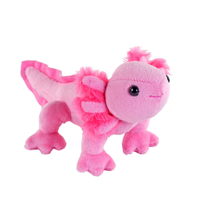 A pink plush toy axolotl with fluffy textured fabric, ruffled details, and a small black bead eye, shown on a plain white background.