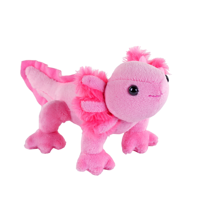 A pink plush toy axolotl with fluffy textured fabric, ruffled details, and a small black bead eye, shown on a plain white background.