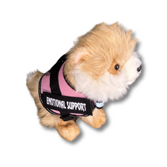 Pomeranian Plushie - Living Nature Brand - wearing a pink emotional support vest - emotional support stuffed animal - side view - pink essa gear