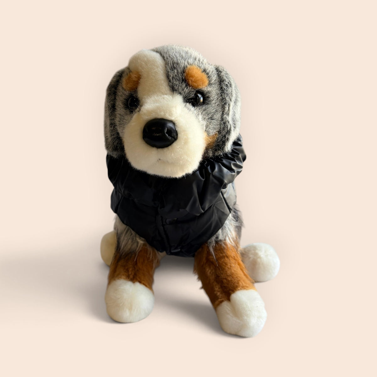 A plush Bernese mountain dog toy wearing a black puffer jacket, set against a solid pale peach background.