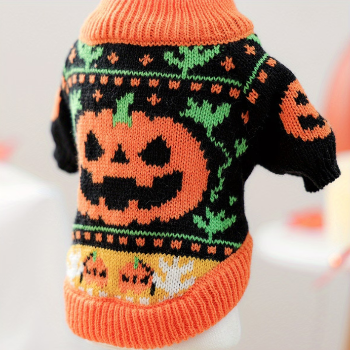 A close-up of a knitted pet sweater with a Halloween theme, featuring a large orange jack-o'-lantern on a black background with green leaf patterns and orange trim.