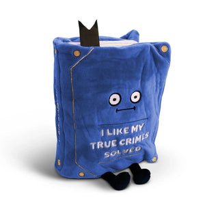 Blue plush toy with a crown and text on a white background