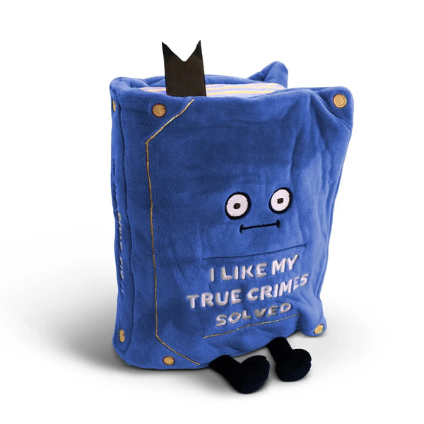 Blue plush toy with a crown and text on a white background