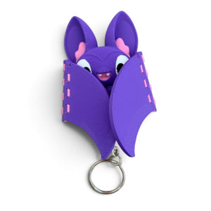 A purple bat-shaped keychain with pink accents and a silver metal key ring, shown on a plain white background.