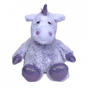 Plush unicorn toy with purple accents on a white background