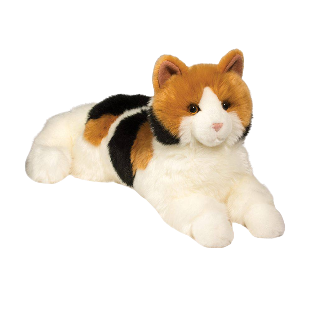 Plush toy of a calico cat on a white background