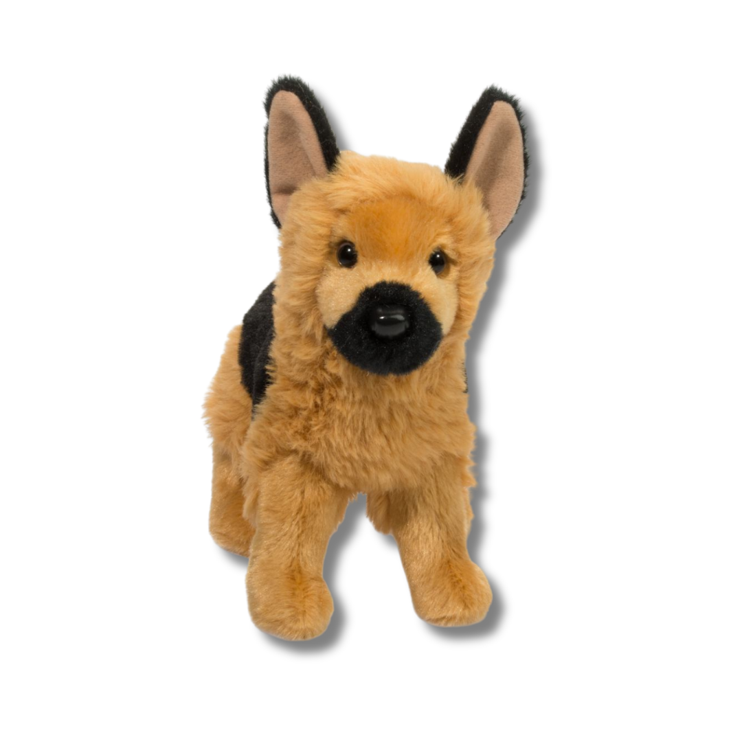 Plush German Shepherd toy on a white background