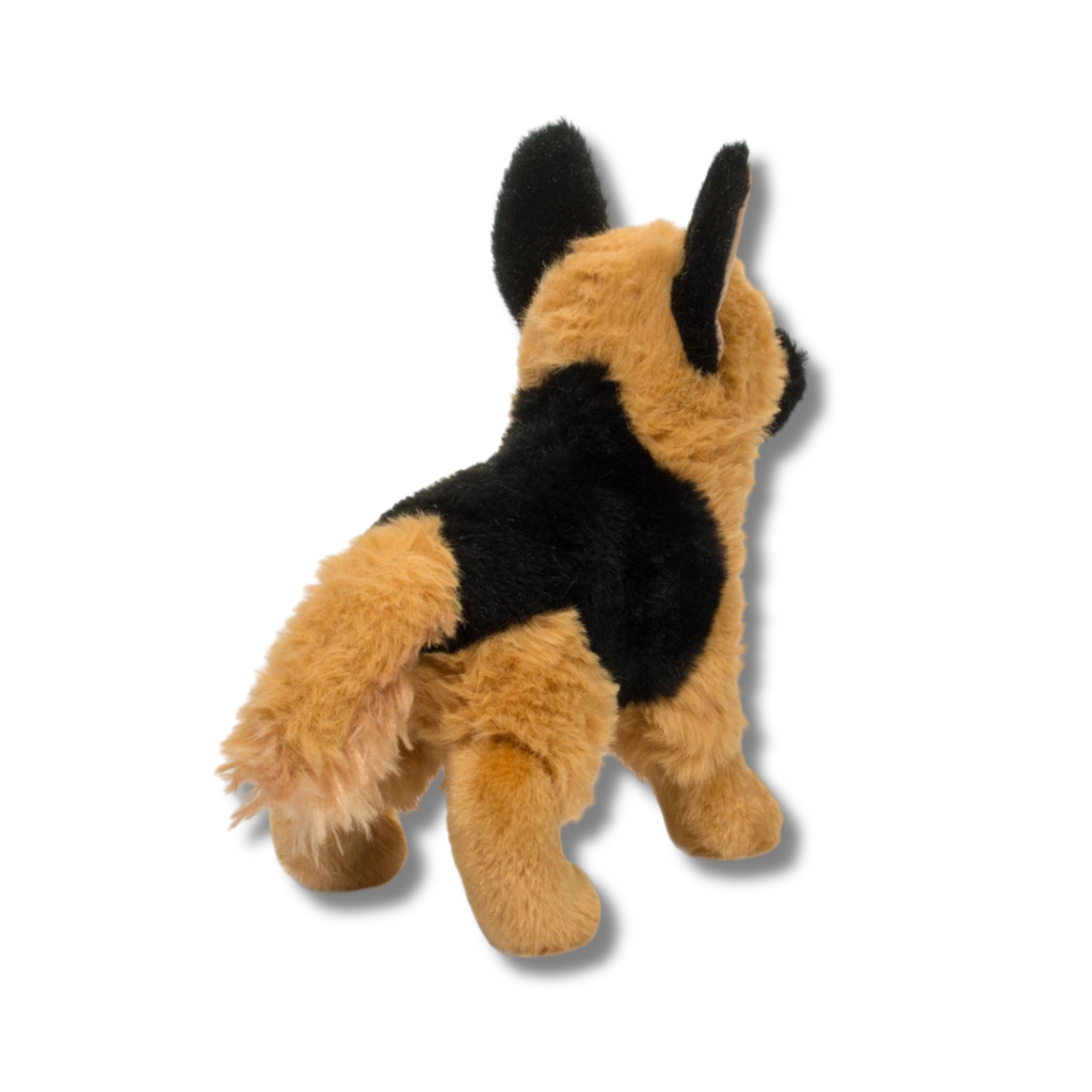 Plush toy resembling a German Shepherd dog on a white background