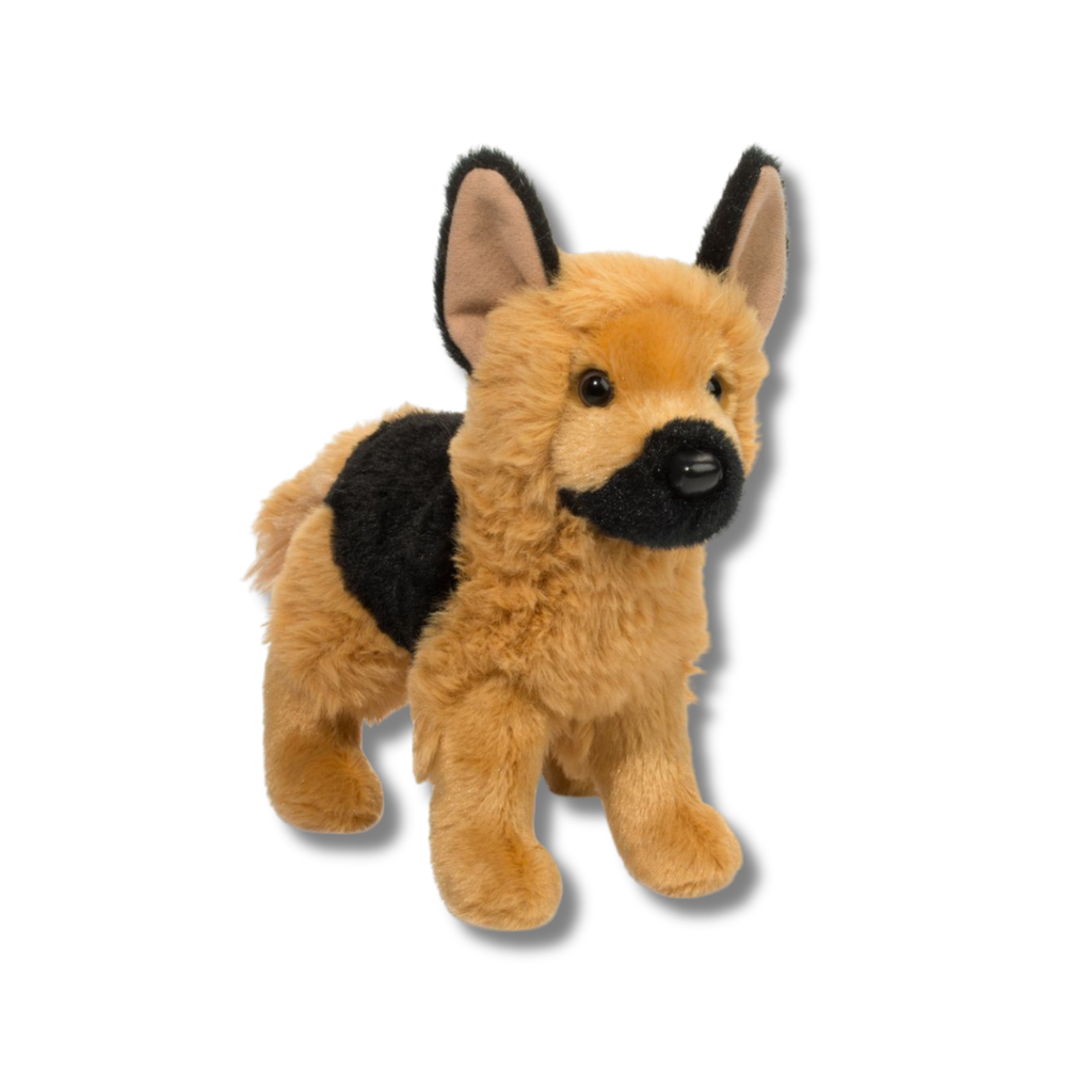 Plush toy resembling a German Shepherd on a white background