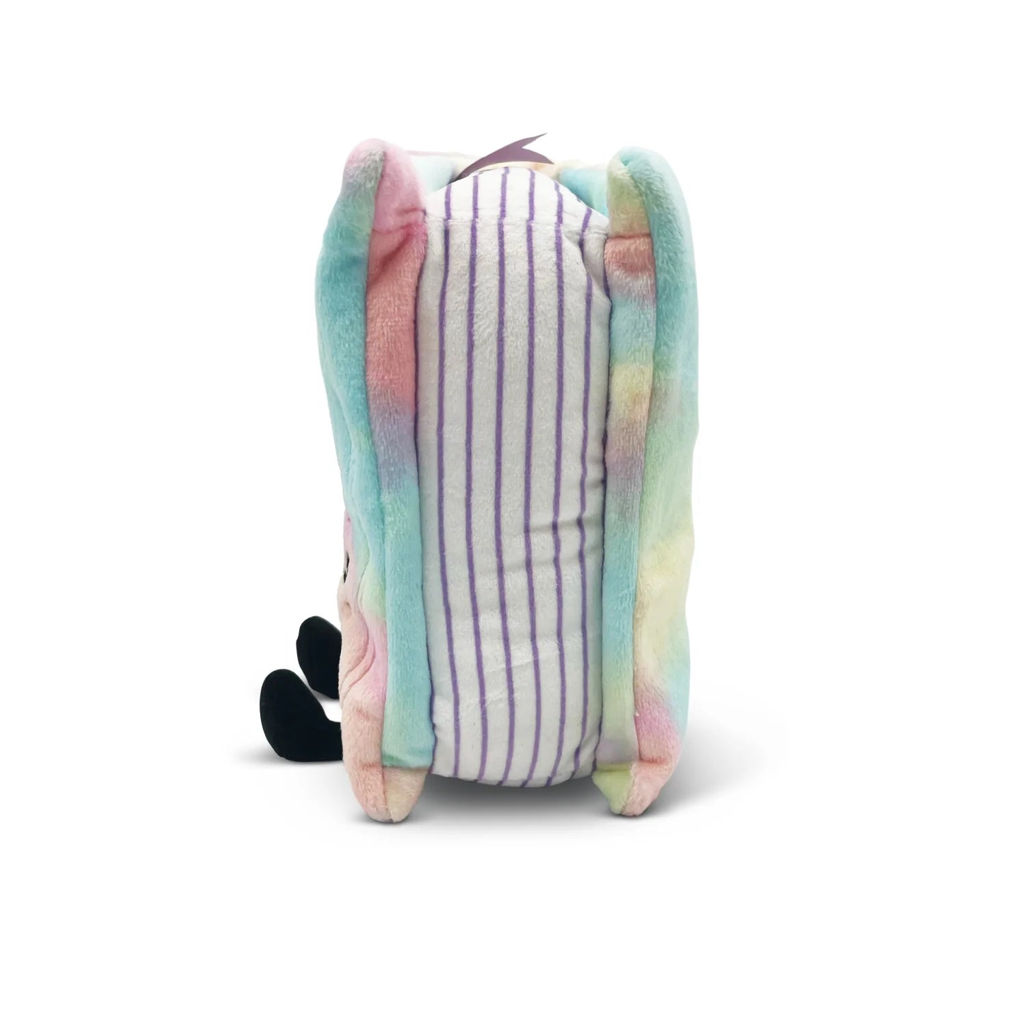 Plush toy with pastel-colored ears and striped body on a white background