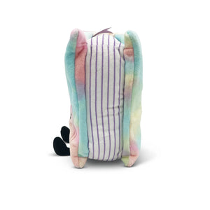 Plush toy with pastel-colored ears and striped body on a white background