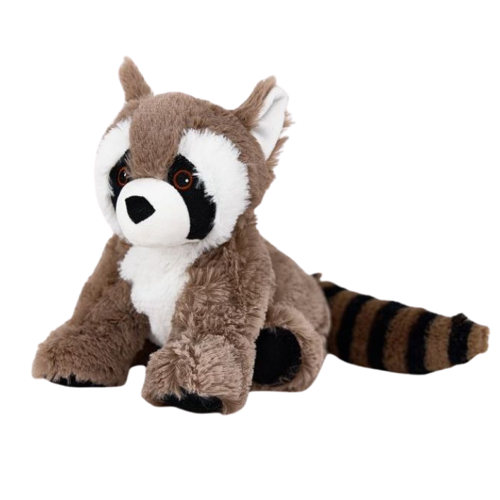 A plush raccoon toy sitting on a plain white background. The stuffed animal is brown with a white chest and face markings, black facial patches and paws, and a brown-and-black striped tail.