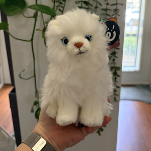 White fluffy toy held in a hand with a plant and room background