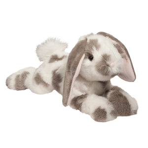 Plush toy rabbit with brown and white fur on a white background