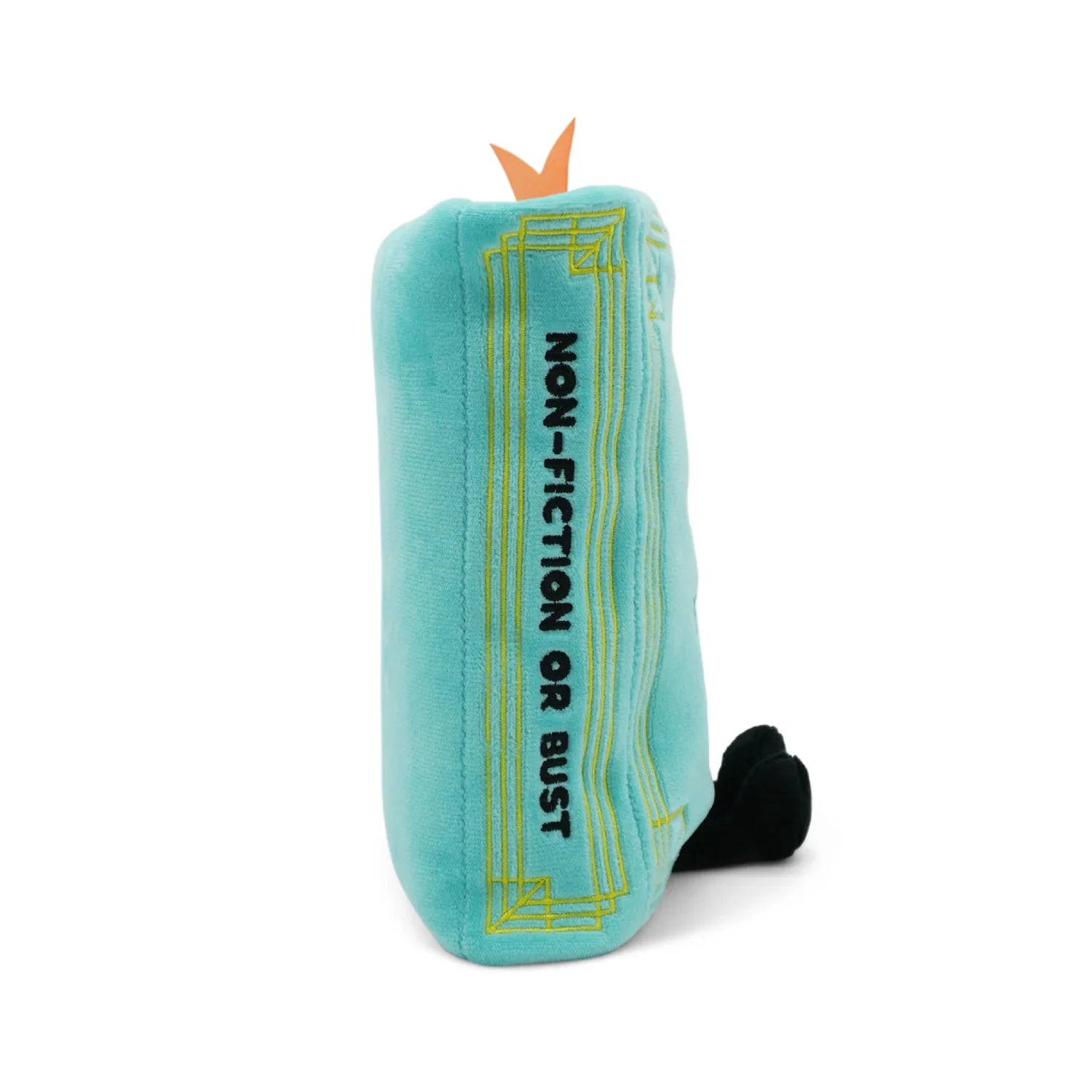 Plush toy shaped like a book with 'Non-Fiction or Bust' text on a white background