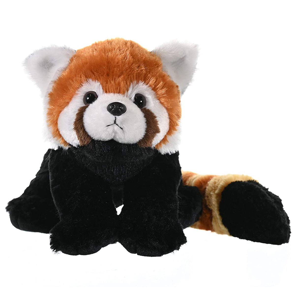 Plush toy of a red panda in a black outfit on a white background