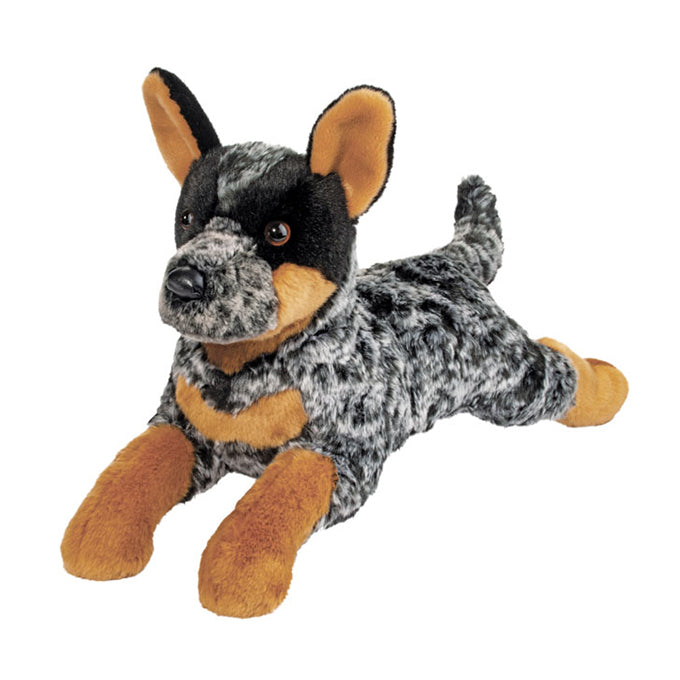 Plush toy resembling a dog with black, gray, and brown colors on a white background
