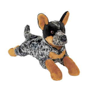 A plush toy dog lying down, styled like a steel blue retriever with a black and gray mottled coat, tan markings on its muzzle, chest, and paws, and upright pointed ears, isolated on a white background.