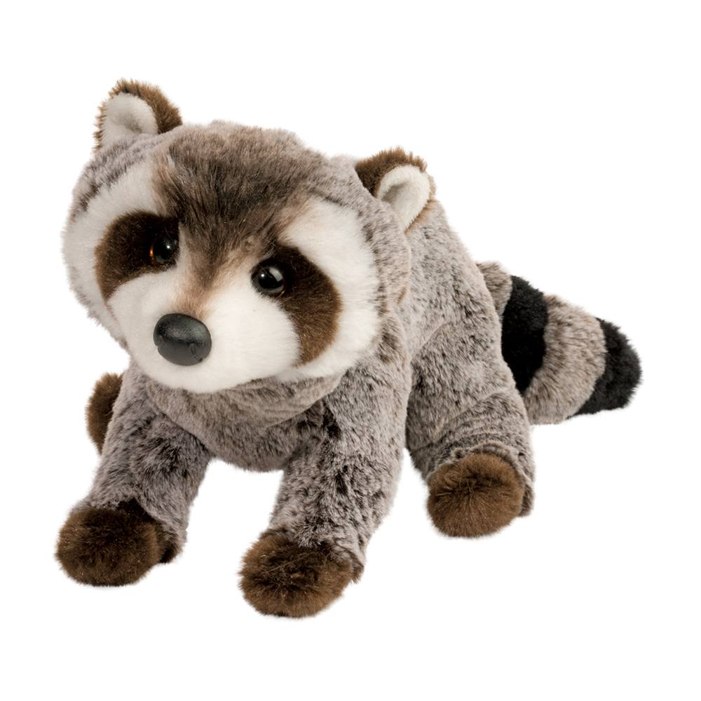 Plush raccoon toy on a white background
